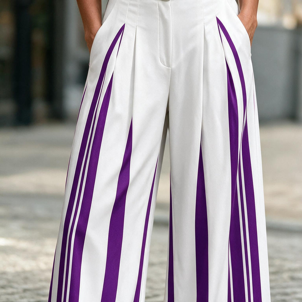 Tamra | Womens High Waisted Wide Leg Striped Pleated Palazzo Dress Pants