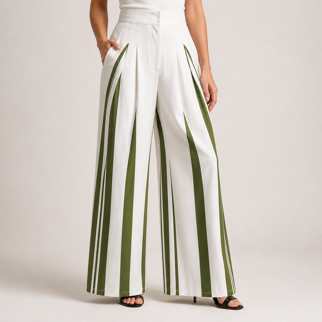 Tamra | Womens High Waisted Wide Leg Striped Pleated Palazzo Dress Pants, Green
