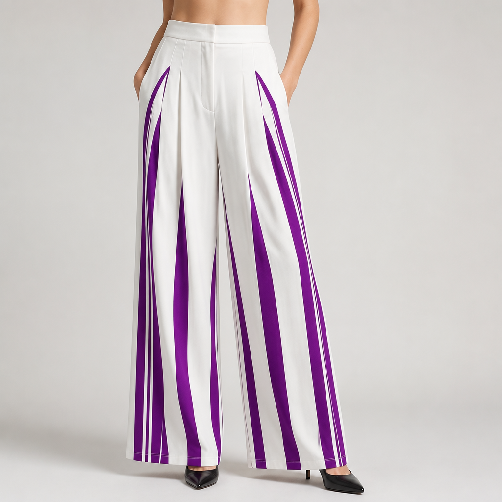 Tamra | Womens High Waisted Wide Leg Striped Pleated Palazzo Dress Pants, Purple