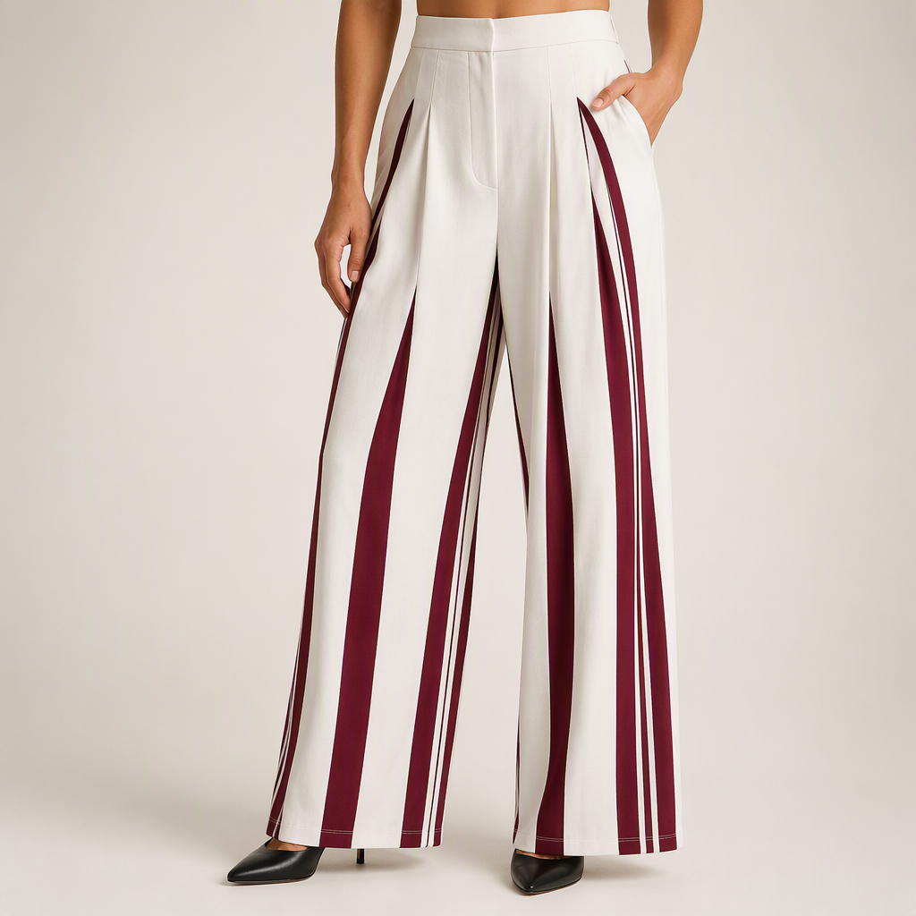 Tamra | Womens High Waisted Wide Leg Striped Pleated Palazzo Dress Pants, Burgundy