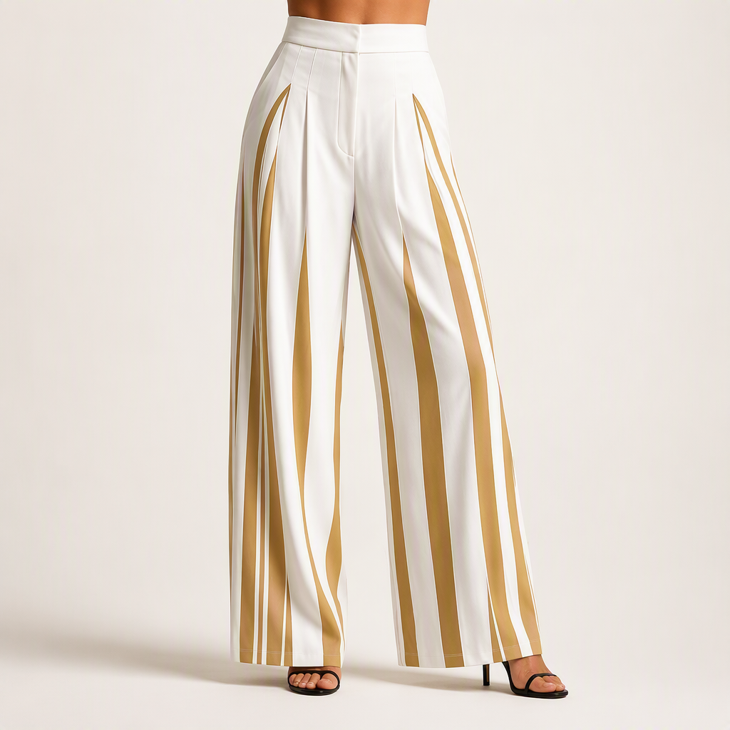 Tamra | Womens High Waisted Wide Leg Striped Pleated Palazzo Dress Pants, Gold