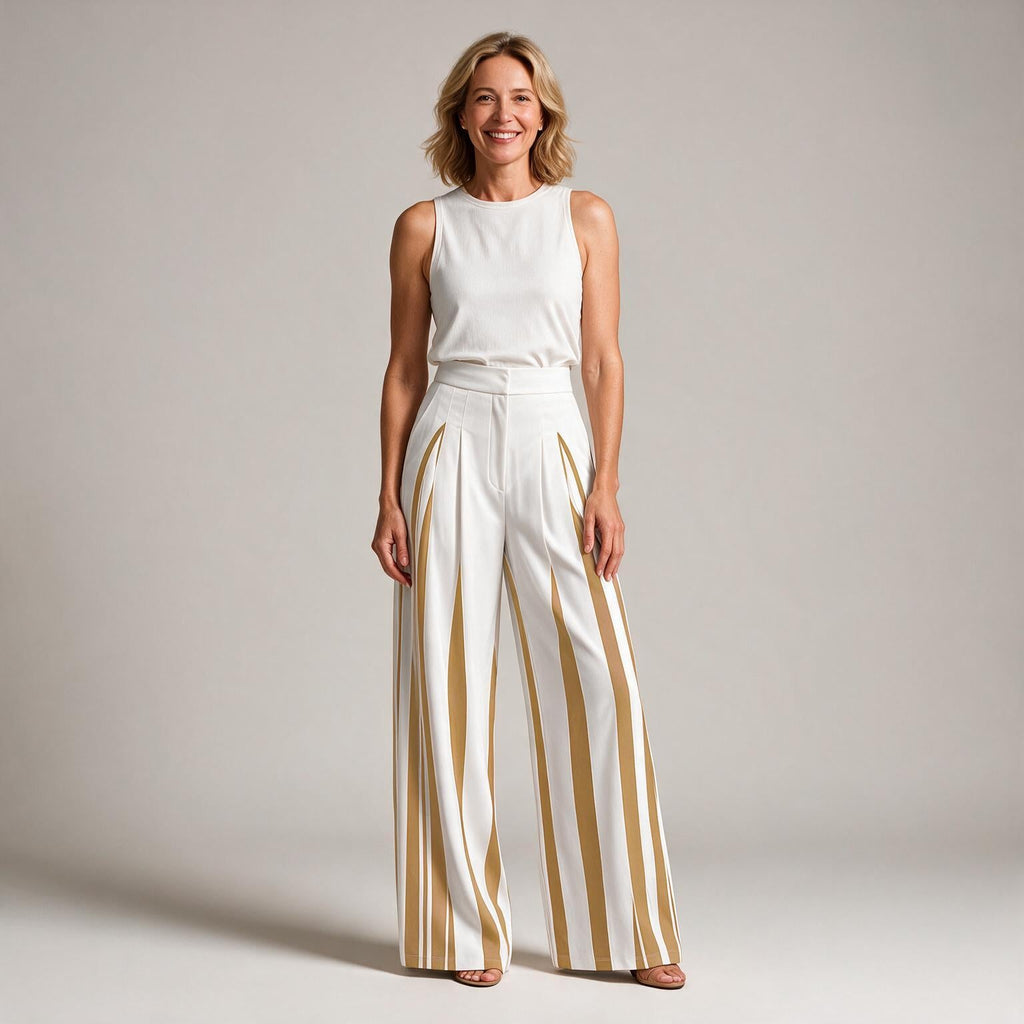 Tamra | Womens High Waisted Wide Leg Striped Pleated Palazzo Dress Pants