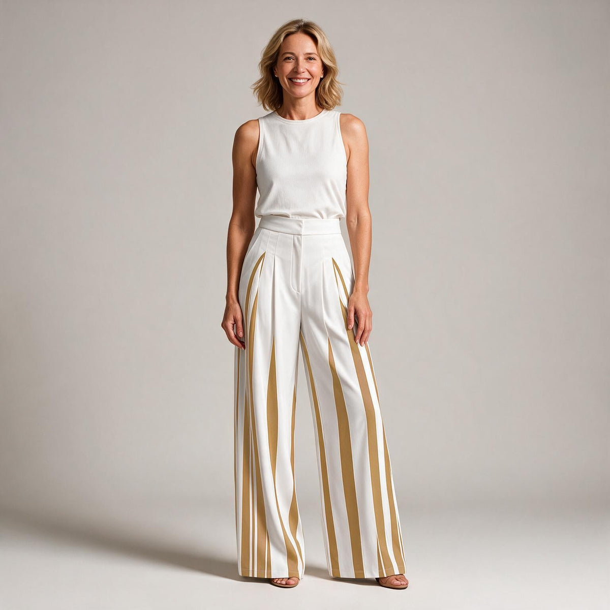 Tamra | Womens High Waisted Wide Leg Striped Pleated Palazzo Dress Pants