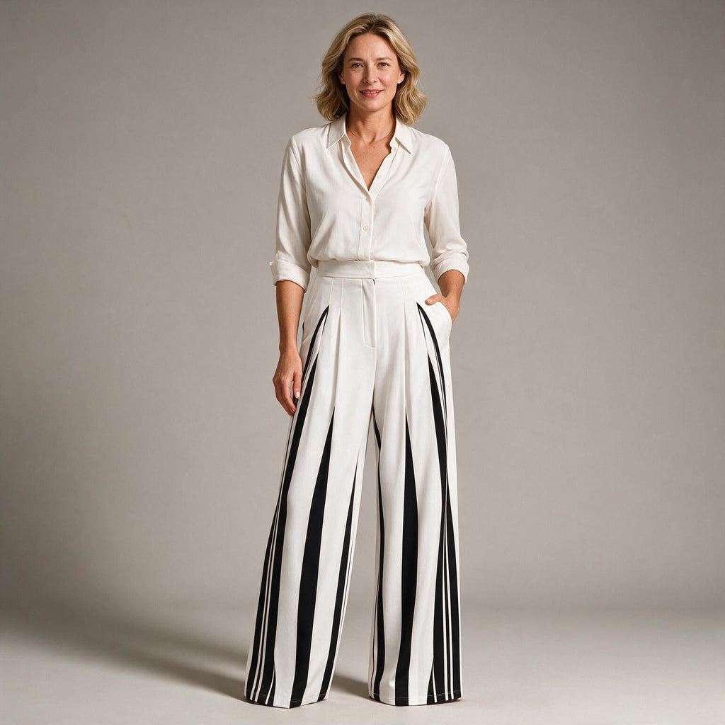 Tamra | Womens High Waisted Wide Leg Striped Pleated Palazzo Dress Pants
