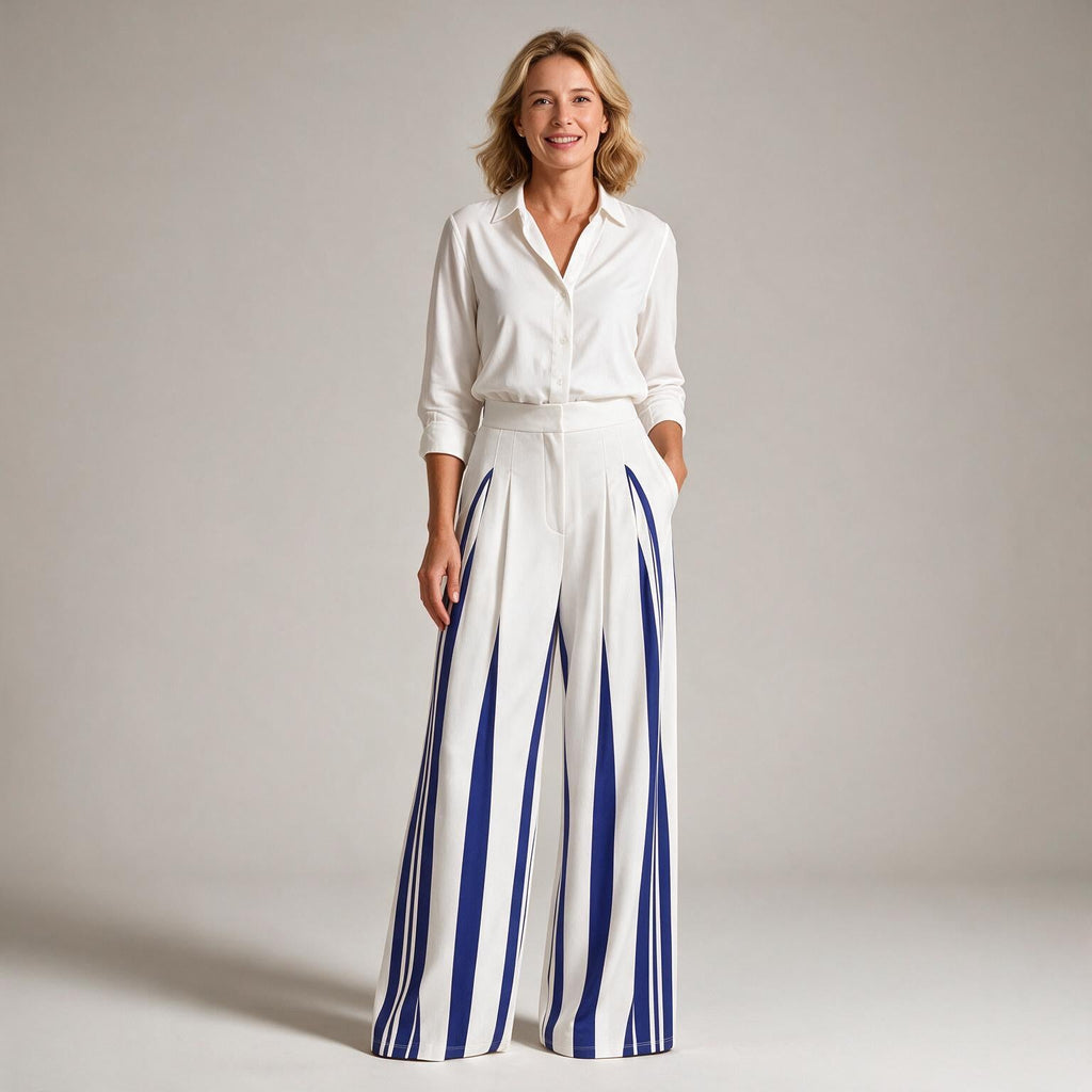 Tamra | Womens High Waisted Wide Leg Striped Pleated Palazzo Dress Pants