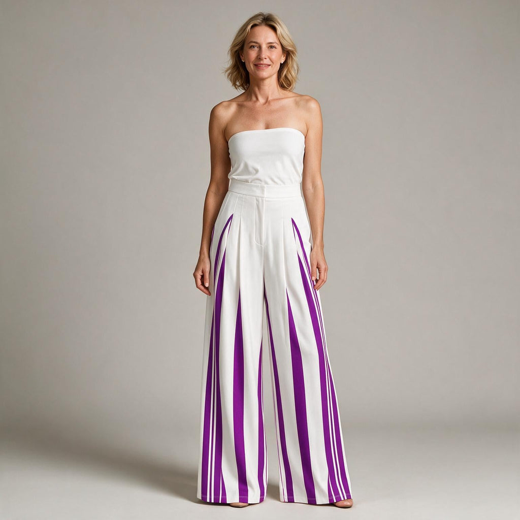 Tamra | Womens High Waisted Wide Leg Striped Pleated Palazzo Dress Pants
