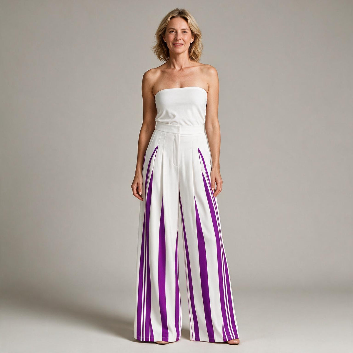 Tamra | Womens High Waisted Wide Leg Striped Pleated Palazzo Dress Pants