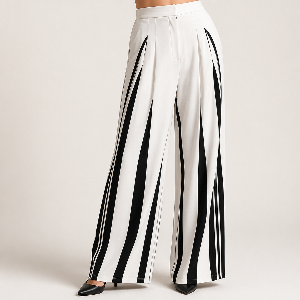 Tamra | Womens High Waisted Wide Leg Striped Pleated Palazzo Dress Pants, Black