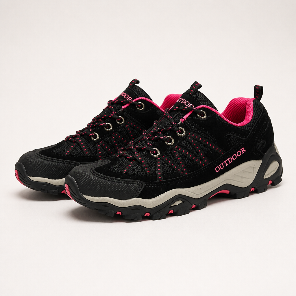 Teresa | Womens Leather Non Slip Breathable Walking Hiking Shoes, Black Plum