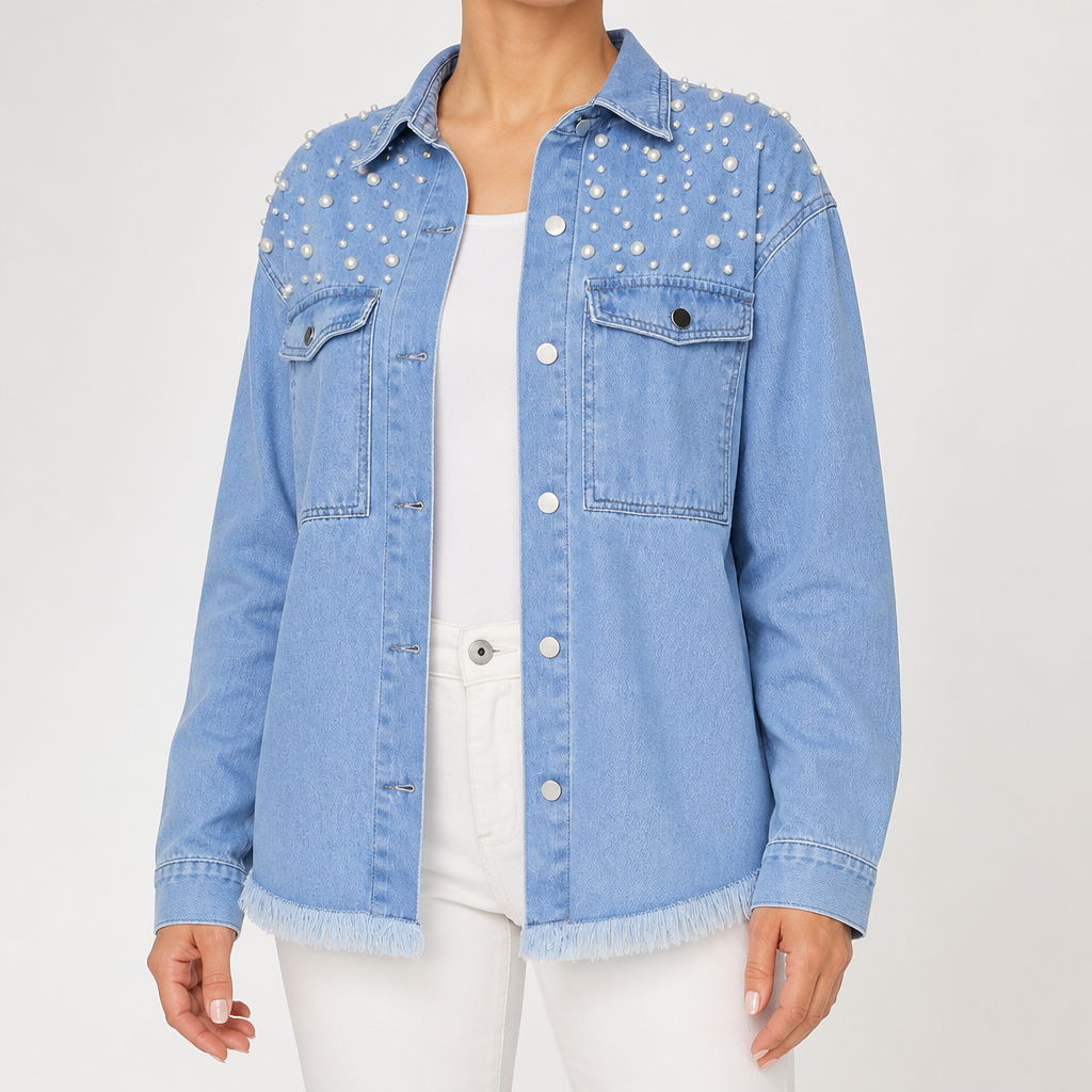 Tess | Womens Oversized Beaded Frayed Denim Jacket, Light Blue