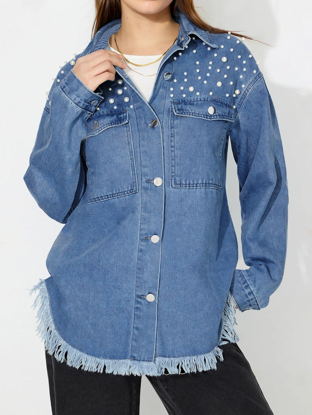 Tess | Womens Oversized Beaded Frayed Denim Jacket