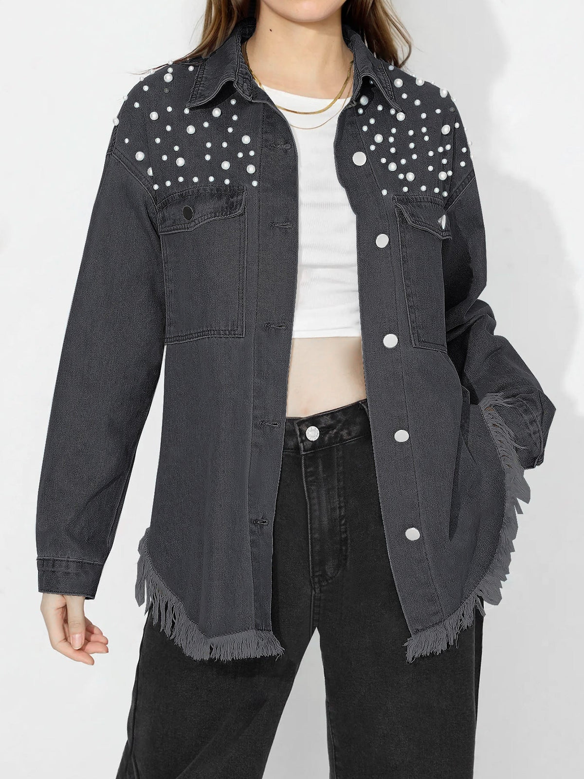 Tess | Womens Oversized Beaded Frayed Denim Jacket