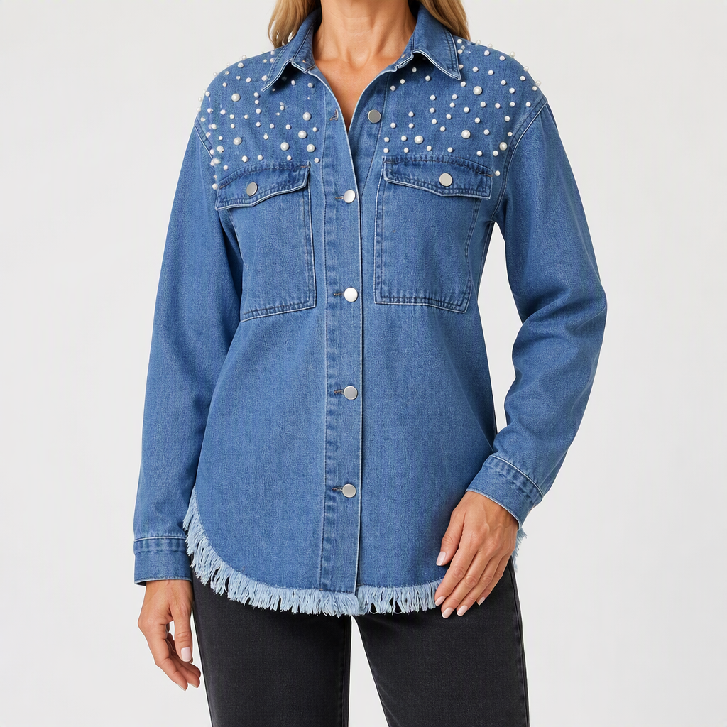 Tess | Womens Oversized Beaded Frayed Denim Jacket, Dark Blue