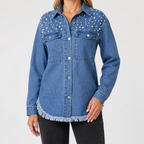 Tess | Womens Oversized Beaded Frayed Denim Jacket, Dark Blue