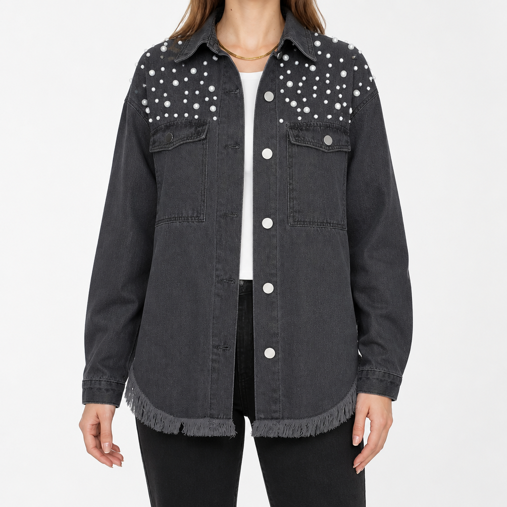Tess | Womens Oversized Beaded Frayed Denim Jacket, Black