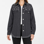 Tess | Womens Oversized Beaded Frayed Denim Jacket, Black