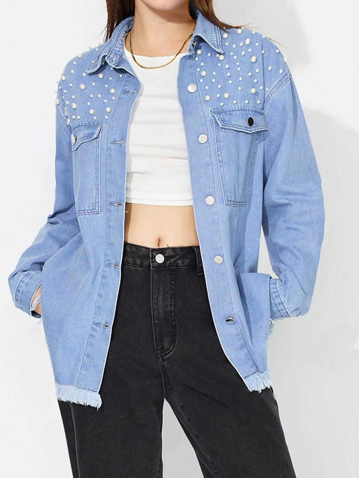Tess | Womens Oversized Beaded Frayed Denim Jacket