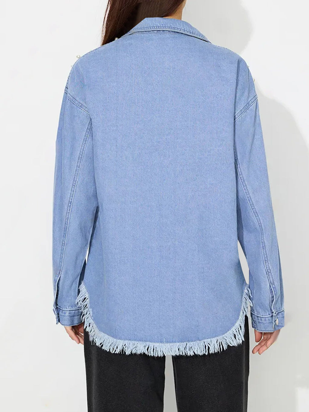 Tess | Womens Oversized Beaded Frayed Denim Jacket