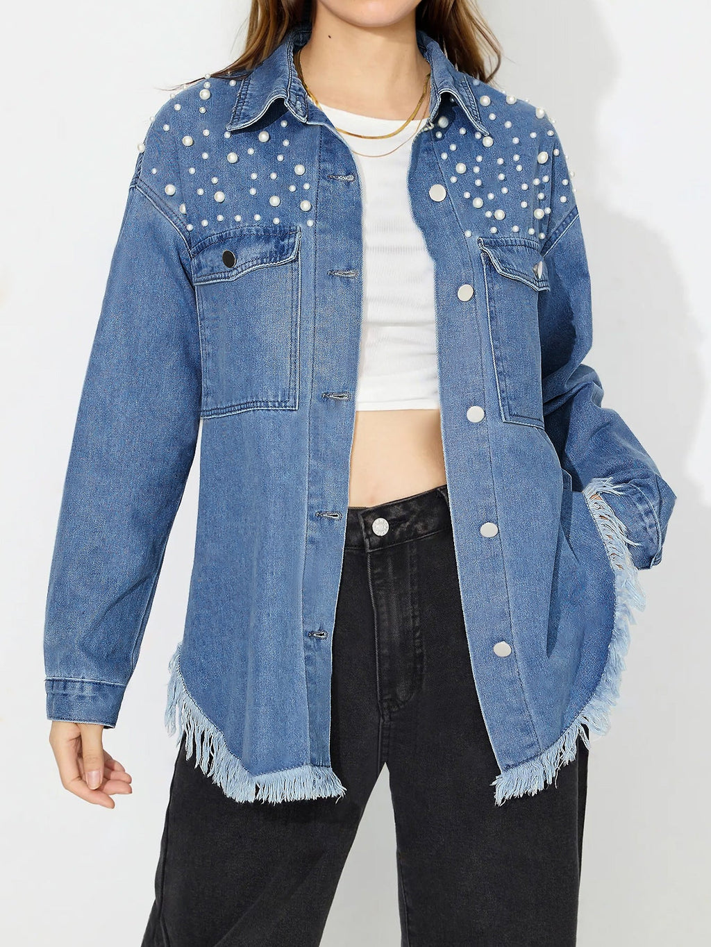 Tess | Womens Oversized Beaded Frayed Denim Jacket