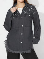 Tess | Womens Oversized Beaded Frayed Denim Jacket