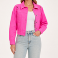 Tessa | Womens Distressed Fringe Denim Jacket, Rose Red