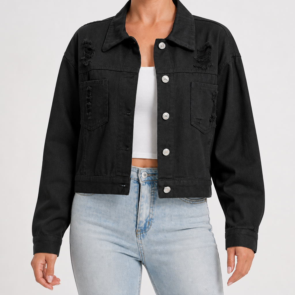 Tessa | Womens Distressed Fringe Denim Jacket, Black