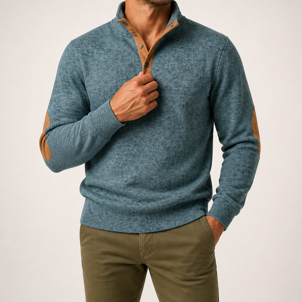 Thaddeus | Mens Knitted Cardigan Stand Collar Casual Shirt, Denim Blue