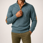 Thaddeus | Mens Knitted Cardigan Stand Collar Casual Shirt, Denim Blue