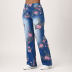 Thea | Womens Jeans Straight Leg High Waisted Printed Denim, Blue