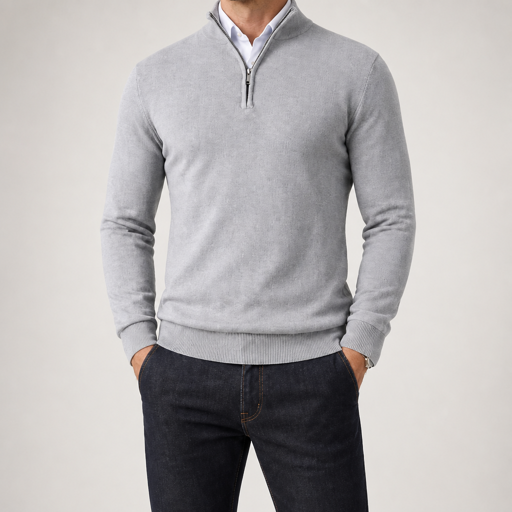 Theodore | Mens Quarter Zip Sweater Stand Collar Brushed Pullover Sweatshirt, Grey