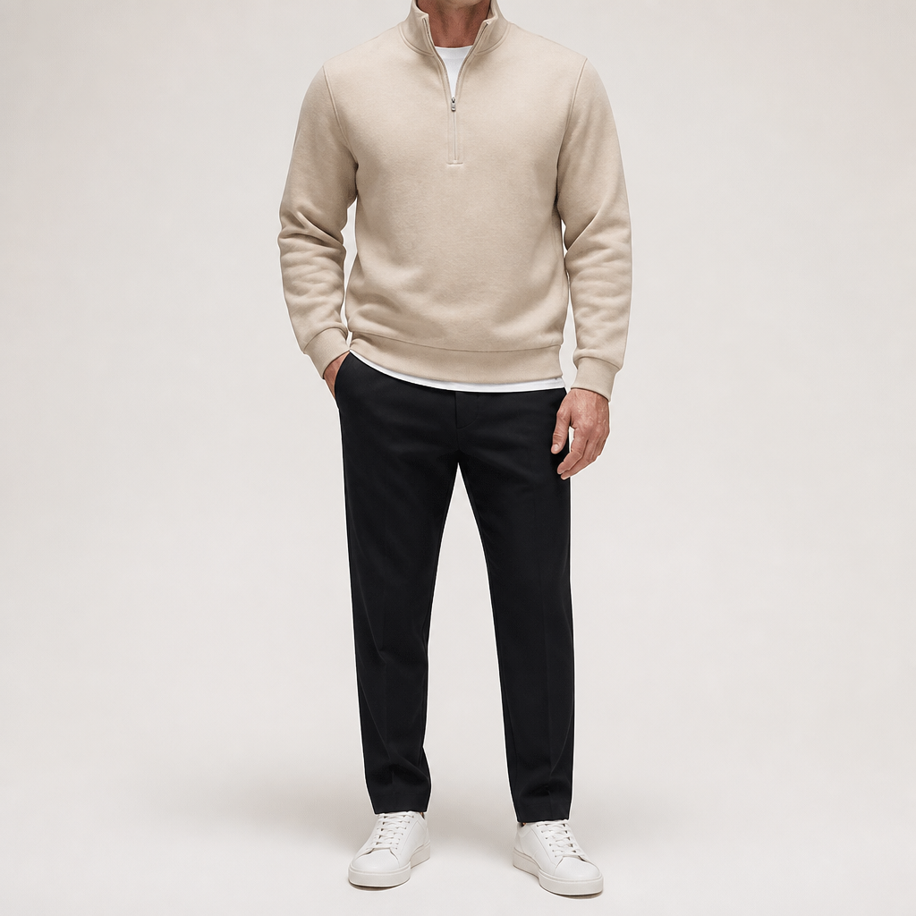 Theodore | Mens Quarter Zip Sweater Stand Collar Brushed Pullover Sweatshirt, Beige