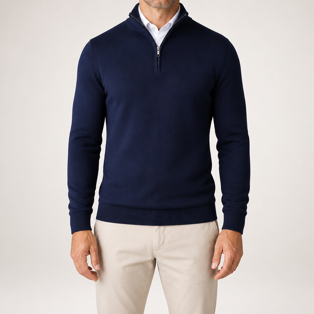 Theodore | Mens Quarter Zip Sweater Stand Collar Brushed Pullover Sweatshirt, Navy Blue
