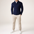 Theodore | Mens Quarter Zip Sweater Stand Collar Brushed Pullover Sweatshirt, Navy Blue