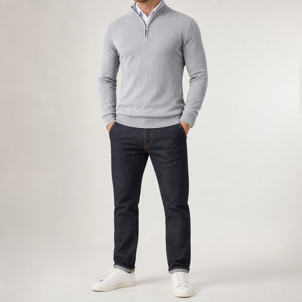 Theodore | Mens Quarter Zip Sweater Stand Collar Brushed Pullover Sweatshirt, Grey
