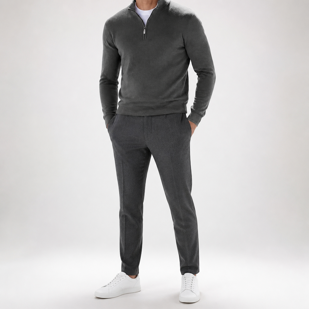 Theodore | Mens Quarter Zip Sweater Stand Collar Brushed Pullover Sweatshirt, Dark Grey