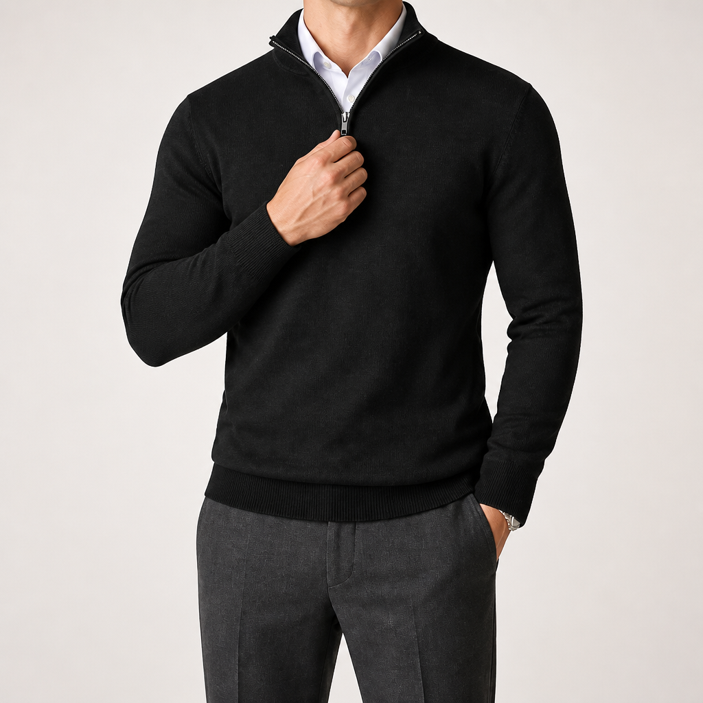 Theodore | Mens Quarter Zip Sweater Stand Collar Brushed Pullover Sweatshirt, Black