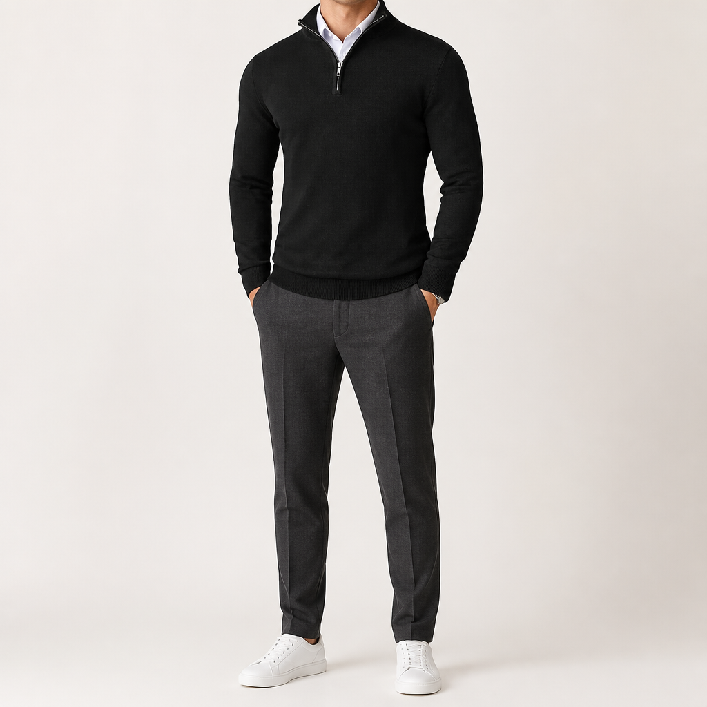Theodore | Mens Quarter Zip Sweater Stand Collar Brushed Pullover Sweatshirt, Black