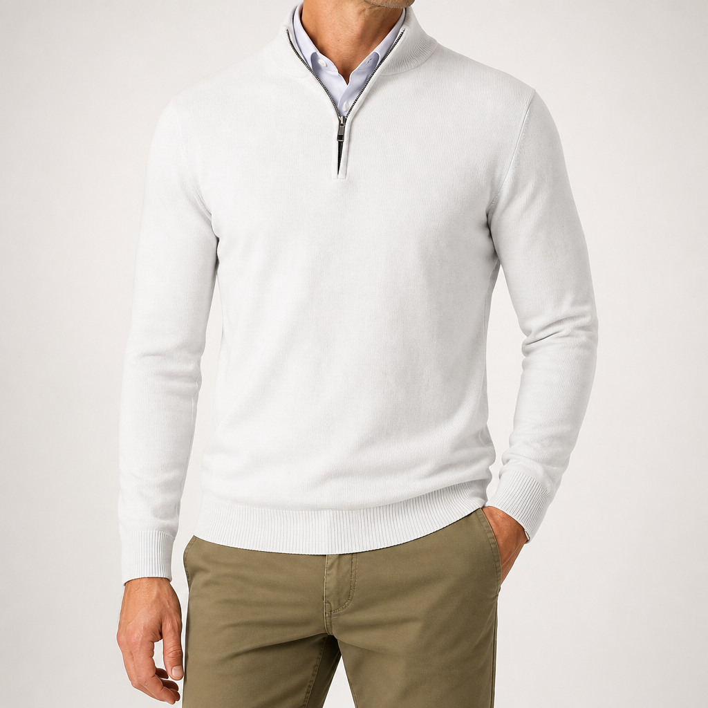 Theodore | Mens Quarter Zip Sweater Stand Collar Brushed Pullover Sweatshirt, White