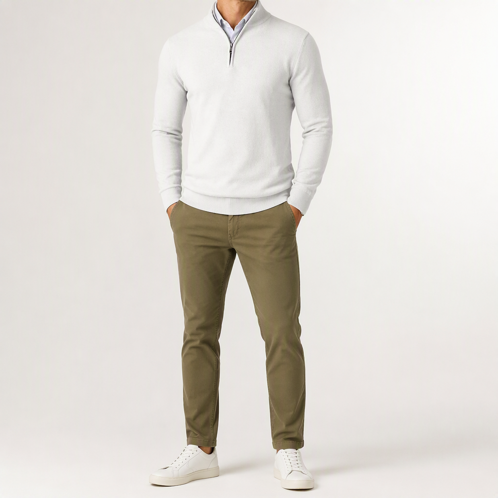 Theodore | Mens Quarter Zip Sweater Stand Collar Brushed Pullover Sweatshirt, White