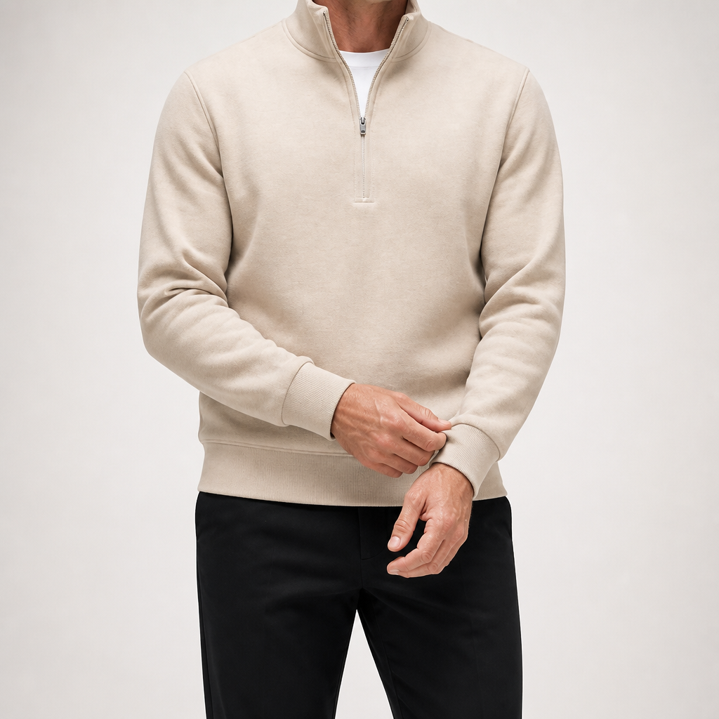 Theodore | Mens Quarter Zip Sweater Stand Collar Brushed Pullover Sweatshirt, Beige
