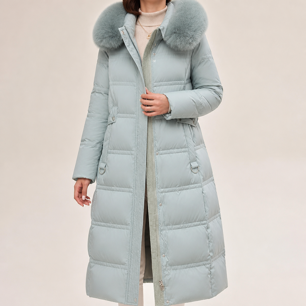 Tiana | Womens Long Winter Coat Hooded Fur Collar Padded Parka, Green