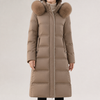 Tiana | Womens Long Winter Coat Hooded Fur Collar Padded Parka, Coffee