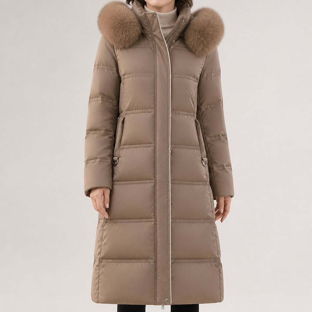 Tiana | Womens Long Winter Coat Hooded Fur Collar Padded Parka, Coffee