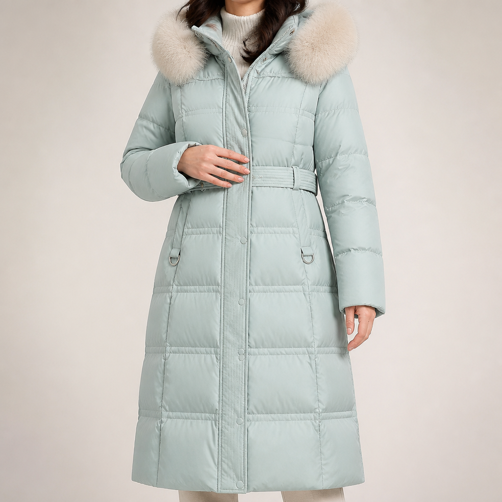 Tiana | Womens Long Winter Coat Hooded Fur Collar Padded Parka, Green 2