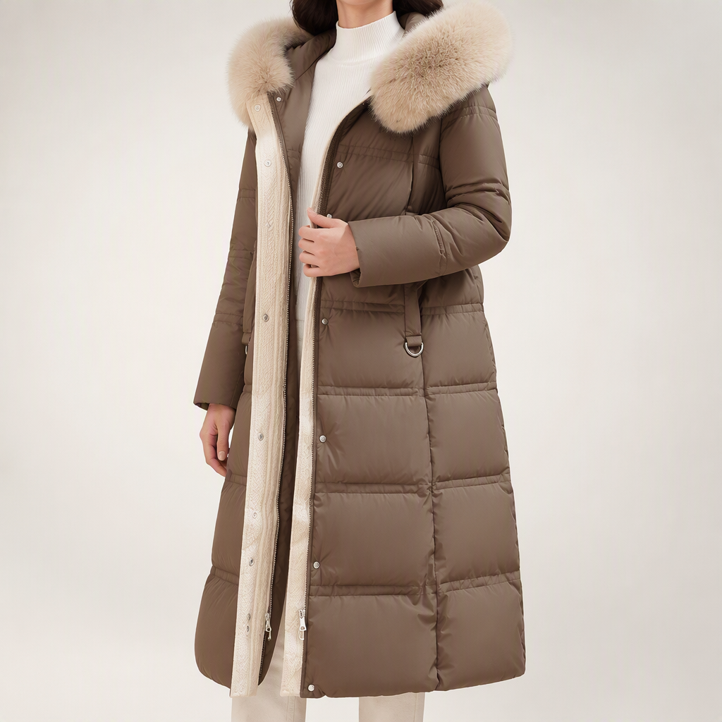 Tiana | Womens Long Winter Coat Hooded Fur Collar Padded Parka, Coffee 2