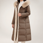 Tiana | Womens Long Winter Coat Hooded Fur Collar Padded Parka, Coffee 2