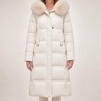 Tiana | Womens Long Winter Coat Hooded Fur Collar Padded Parka, White 2