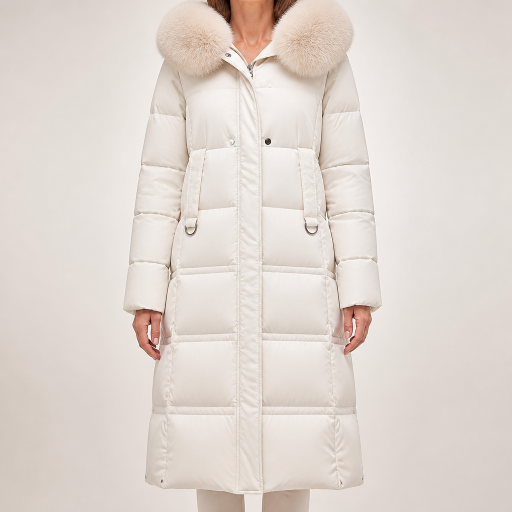 Tiana | Womens Long Winter Coat Hooded Fur Collar Padded Parka, White 2