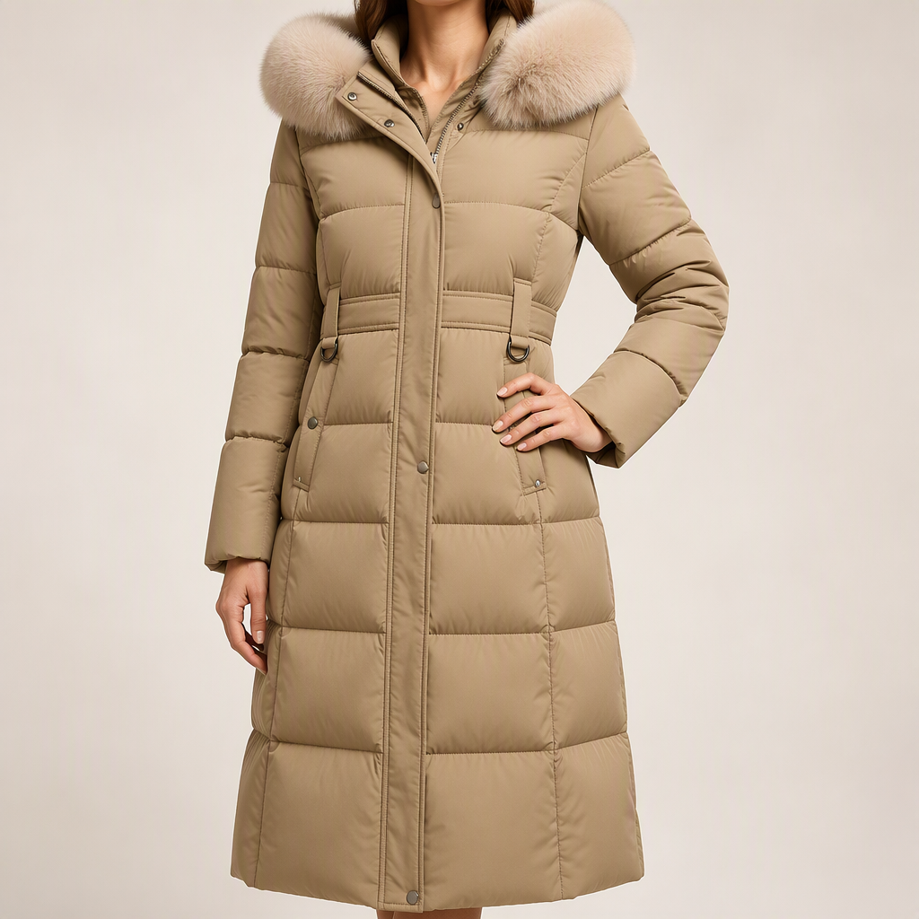 Tiana | Womens Long Winter Coat Hooded Fur Collar Padded Parka, Khaki