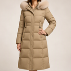 Tiana | Womens Long Winter Coat Hooded Fur Collar Padded Parka, Khaki